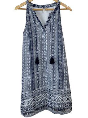 Tacera Navy Blue White Tank Dress Size PM Tassel Summer Lightweight Flowy Casual